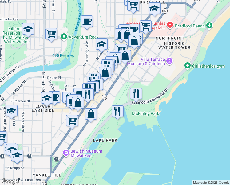 map of restaurants, bars, coffee shops, grocery stores, and more near 1919 North Summit Avenue in Milwaukee