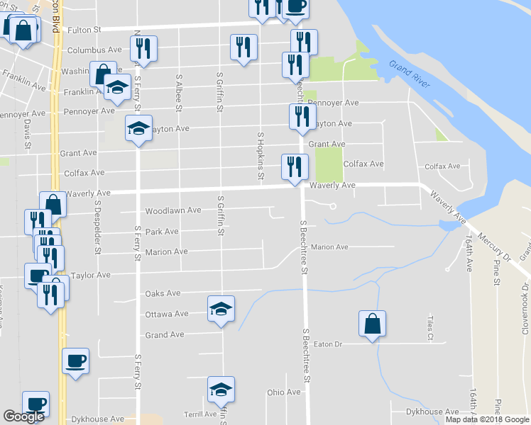 map of restaurants, bars, coffee shops, grocery stores, and more near 1400 Woodlawn Avenue in Grand Haven