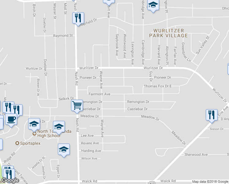 map of restaurants, bars, coffee shops, grocery stores, and more near 486 Fairmont Avenue in North Tonawanda