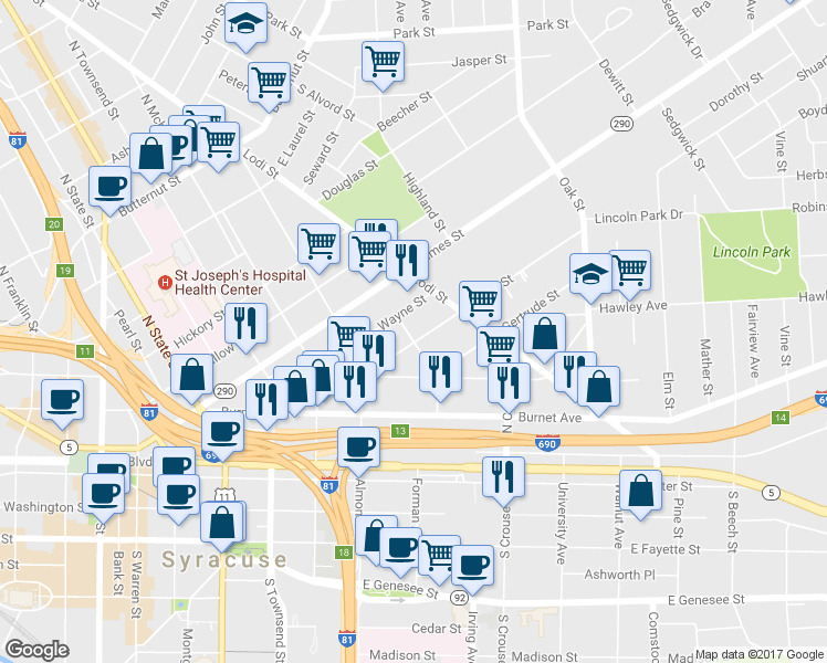 map of restaurants, bars, coffee shops, grocery stores, and more near 201 Green Street in Syracuse