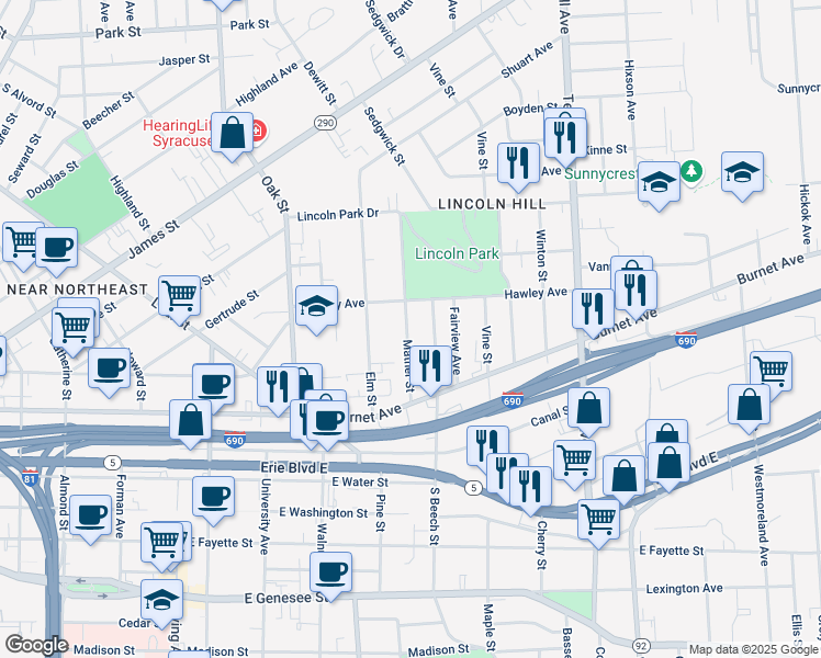 map of restaurants, bars, coffee shops, grocery stores, and more near 335 North Beech Street in Syracuse