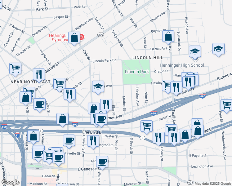 map of restaurants, bars, coffee shops, grocery stores, and more near 346 Elm Street in Syracuse