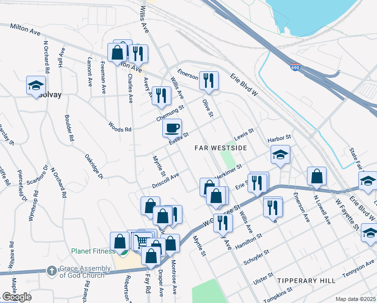 map of restaurants, bars, coffee shops, grocery stores, and more near 912 Avery Avenue in Syracuse