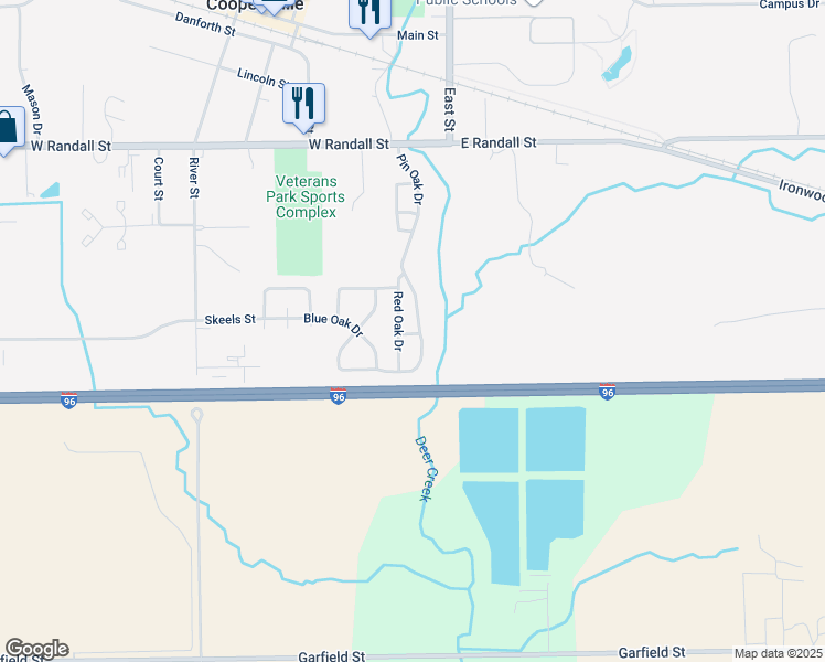 map of restaurants, bars, coffee shops, grocery stores, and more near 261 Red Oak Drive in Coopersville