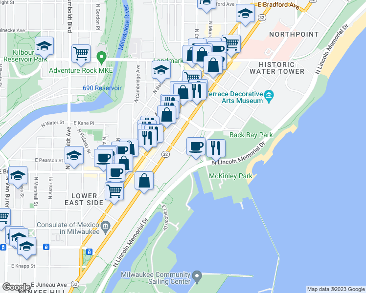 map of restaurants, bars, coffee shops, grocery stores, and more near 1919 North Summit Avenue in Milwaukee