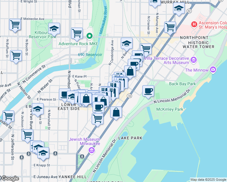 map of restaurants, bars, coffee shops, grocery stores, and more near 1809 North Oakland Avenue in Milwaukee