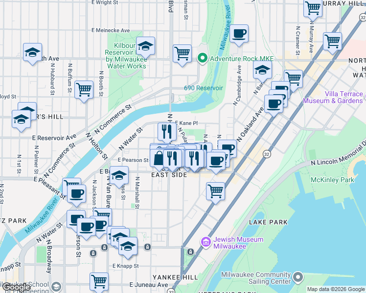 map of restaurants, bars, coffee shops, grocery stores, and more near 1134 East Hamilton Street in Milwaukee