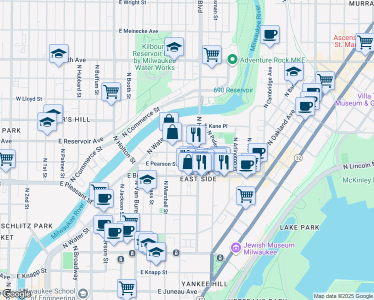 map of restaurants, bars, coffee shops, grocery stores, and more near 1801 North Humboldt Avenue in Milwaukee