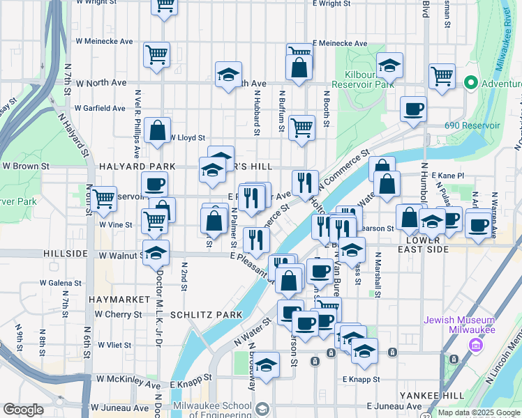 map of restaurants, bars, coffee shops, grocery stores, and more near 1809 North Commerce Street in Milwaukee