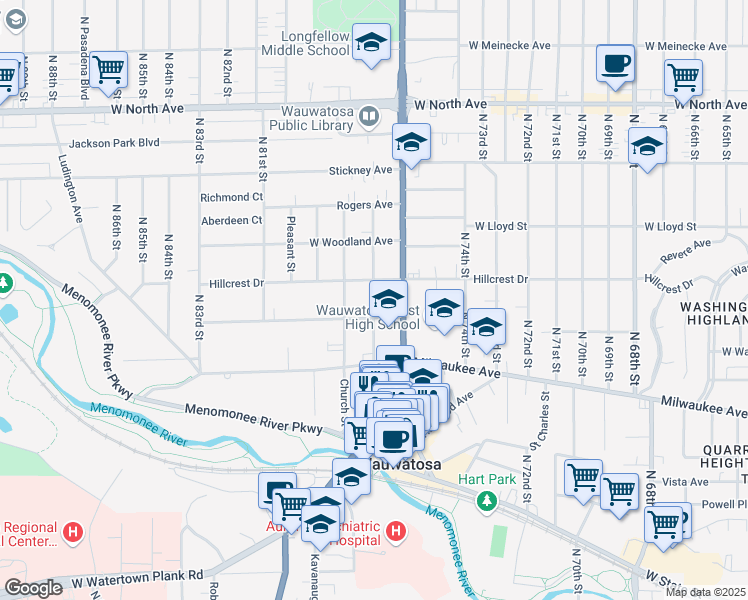map of restaurants, bars, coffee shops, grocery stores, and more near 1819 North Wauwatosa Avenue in Wauwatosa