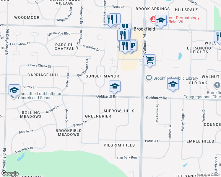 map of restaurants, bars, coffee shops, grocery stores, and more near 21815 Norhardt Drive in Brookfield