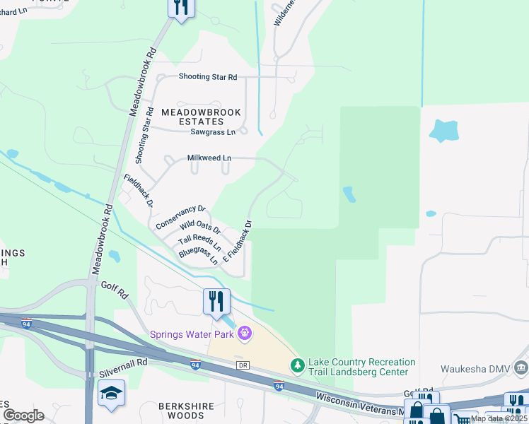 map of restaurants, bars, coffee shops, grocery stores, and more near N16W26543 Meadowgrass Circle in Pewaukee