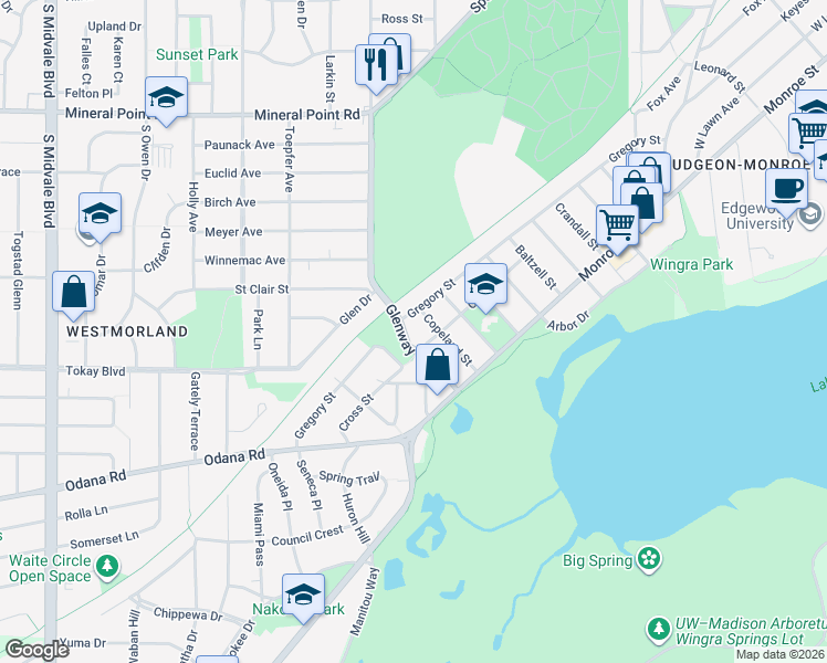 map of restaurants, bars, coffee shops, grocery stores, and more near 605 Glenway Street in Madison