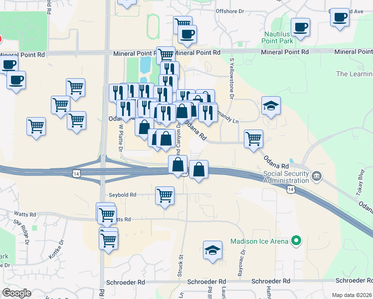 map of restaurants, bars, coffee shops, grocery stores, and more near 531-583 Grand Canyon Dr in Madison