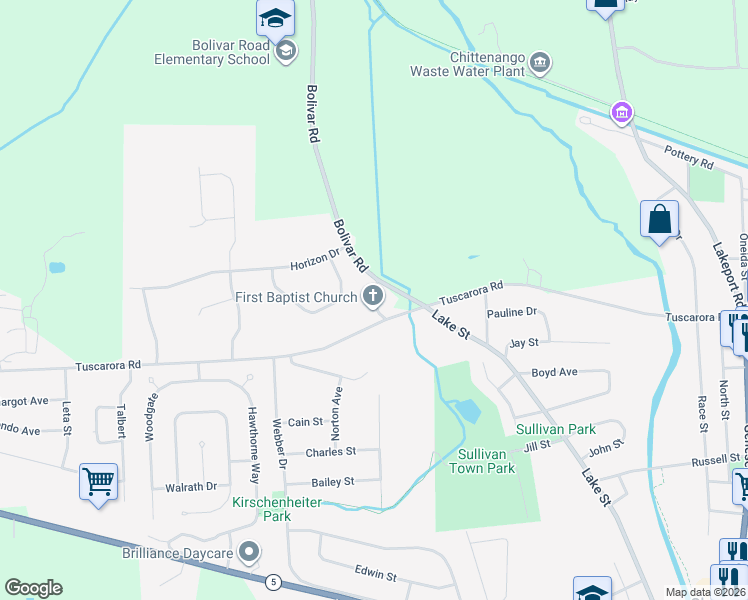 map of restaurants, bars, coffee shops, grocery stores, and more near 520 Tuscarora Rd in Chittenango