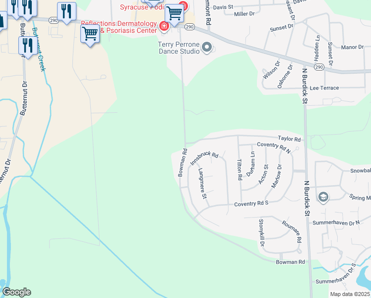 map of restaurants, bars, coffee shops, grocery stores, and more near 5845 Bowman Road in East Syracuse