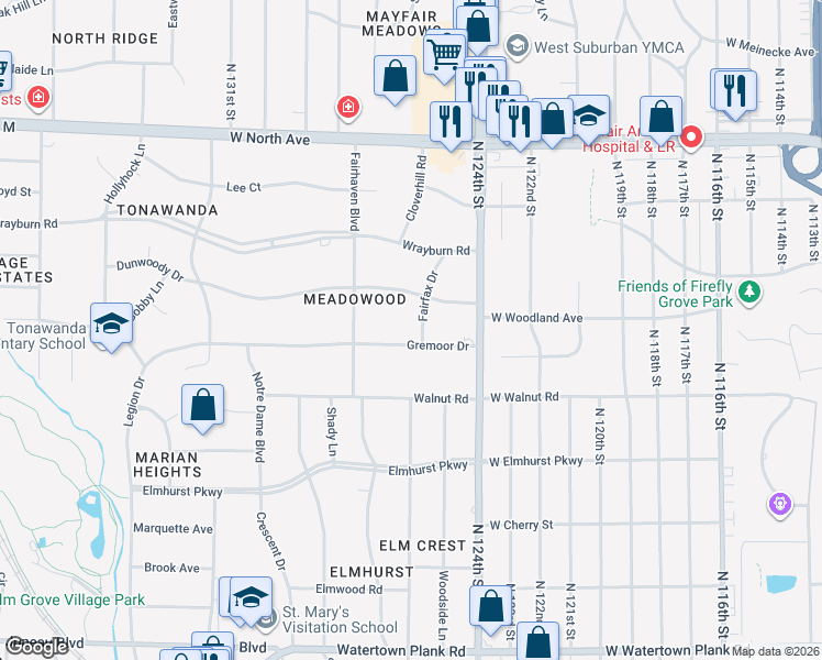 map of restaurants, bars, coffee shops, grocery stores, and more near 12600 Gremoor Drive in Elm Grove