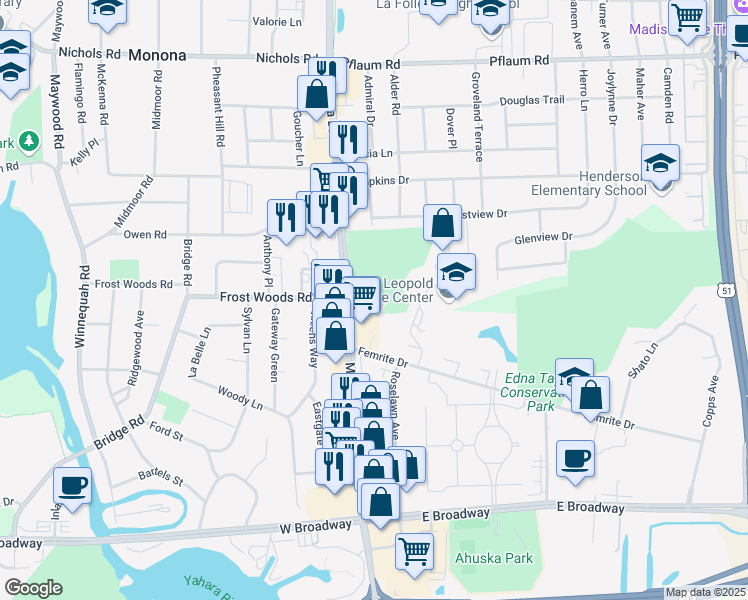 map of restaurants, bars, coffee shops, grocery stores, and more near 5900 Monona Drive in Monona