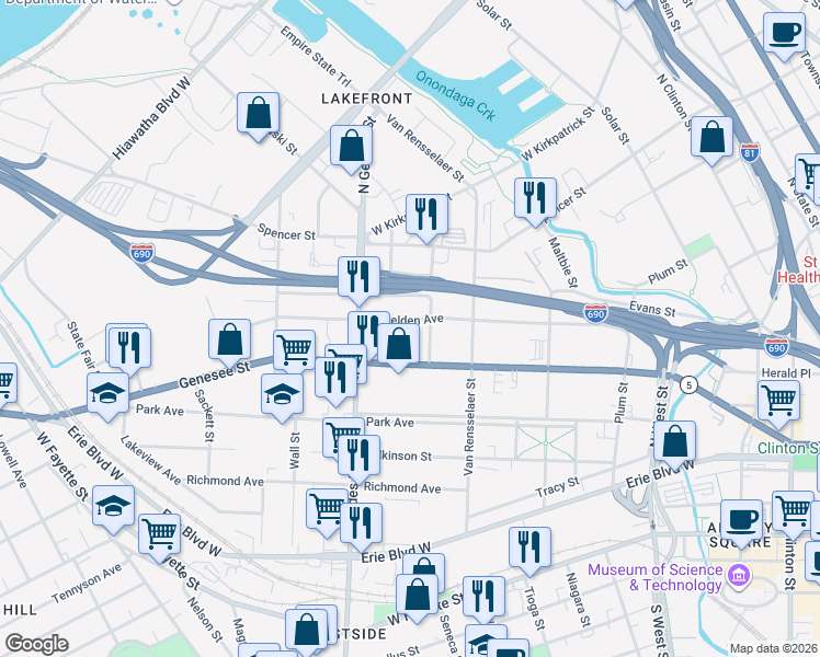 map of restaurants, bars, coffee shops, grocery stores, and more near 1019-21 West Belden Avenue in Syracuse