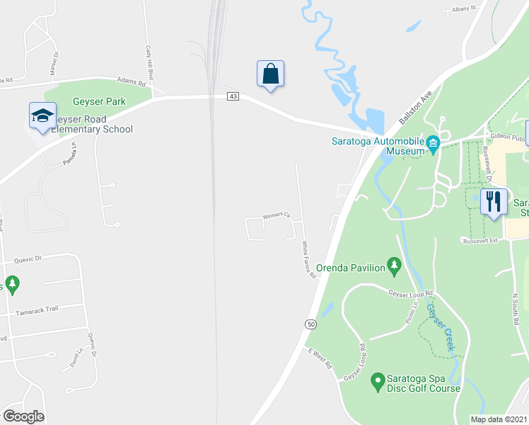 map of restaurants, bars, coffee shops, grocery stores, and more near 34 Winners Circle in Saratoga Springs