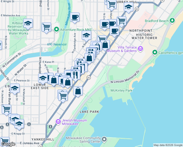 map of restaurants, bars, coffee shops, grocery stores, and more near North Prospect Avenue & East Kane Place in Milwaukee