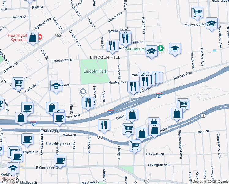 map of restaurants, bars, coffee shops, grocery stores, and more near 321 Winton Street in Syracuse
