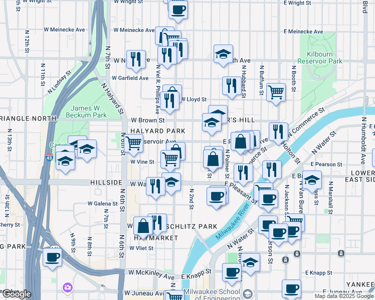 map of restaurants, bars, coffee shops, grocery stores, and more near 1830 North Doctor Martin Luther King Junior Drive in Milwaukee