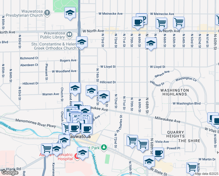 map of restaurants, bars, coffee shops, grocery stores, and more near 1835 North 73rd Street in Wauwatosa