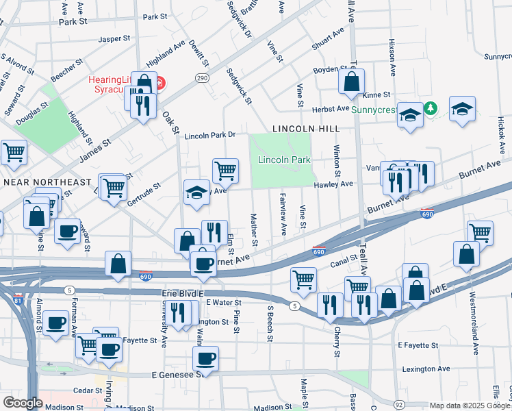 map of restaurants, bars, coffee shops, grocery stores, and more near 335 North Beech Street in Syracuse