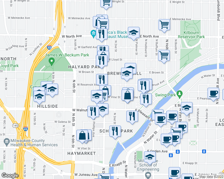map of restaurants, bars, coffee shops, grocery stores, and more near 1830 North Doctor Martin Luther King Junior Drive in Milwaukee