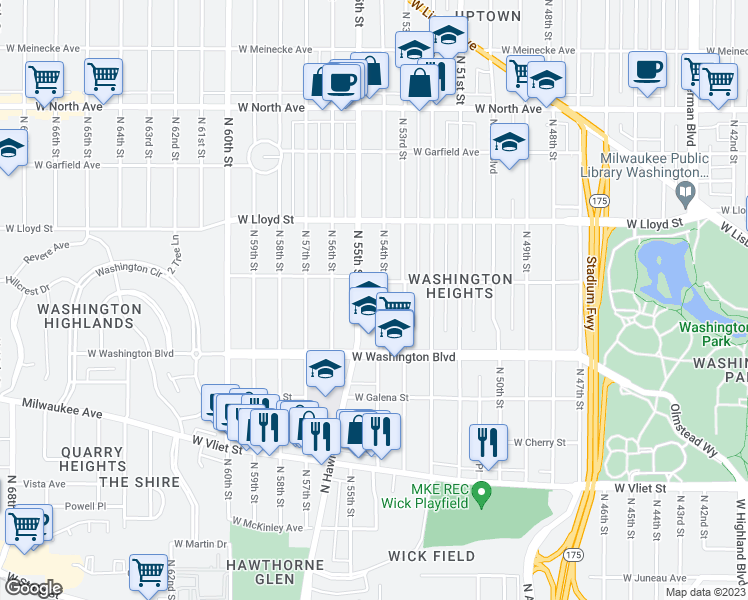 map of restaurants, bars, coffee shops, grocery stores, and more near 1819 North 54th Street in Milwaukee