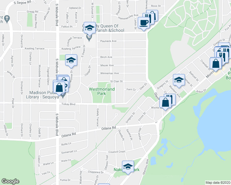 map of restaurants, bars, coffee shops, grocery stores, and more near Park Lane in Madison