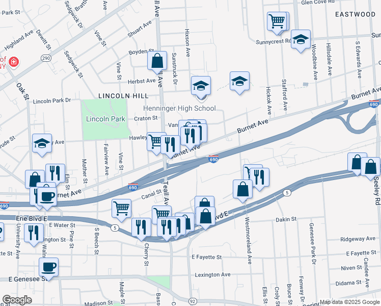 map of restaurants, bars, coffee shops, grocery stores, and more near 1338 Burnet Avenue in Syracuse