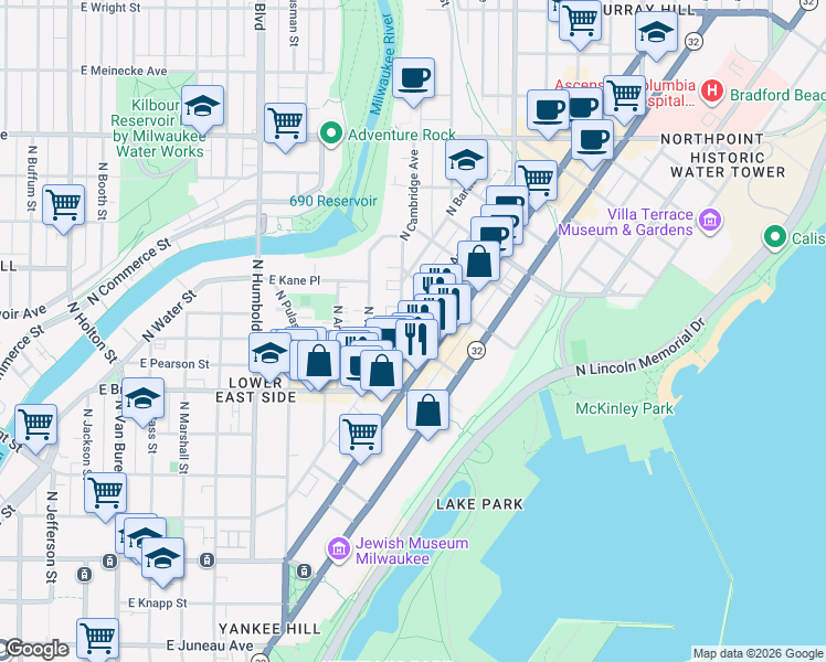 map of restaurants, bars, coffee shops, grocery stores, and more near 1502 East Royall Place in Milwaukee