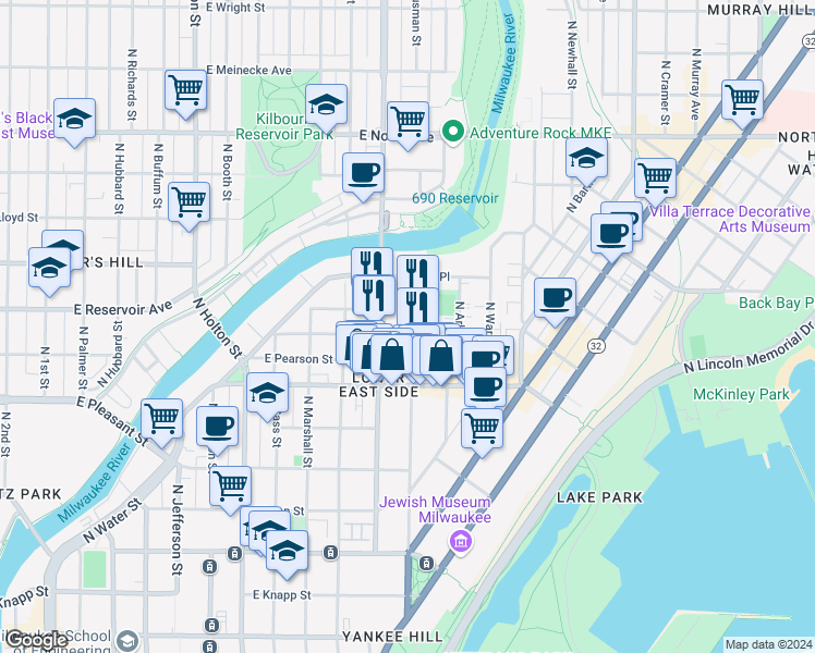 map of restaurants, bars, coffee shops, grocery stores, and more near 1134 East Hamilton Street in Milwaukee
