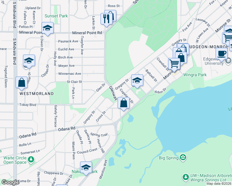 map of restaurants, bars, coffee shops, grocery stores, and more near 605 Glenway Street in Madison