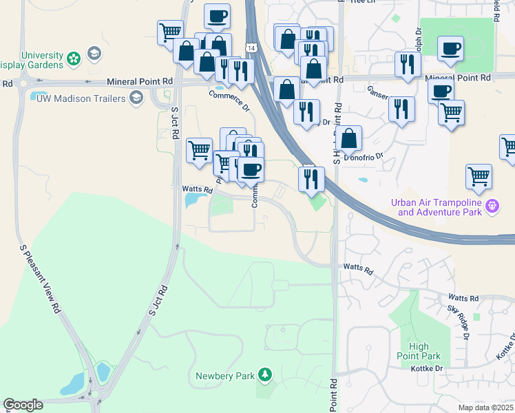 map of restaurants, bars, coffee shops, grocery stores, and more near 505 Commerce Drive in Madison