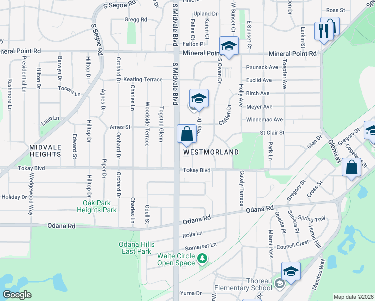 map of restaurants, bars, coffee shops, grocery stores, and more near 515 South Midvale Boulevard in Madison