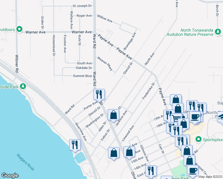 map of restaurants, bars, coffee shops, grocery stores, and more near 192 Stenzil Street in North Tonawanda