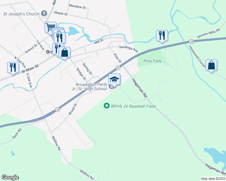 map of restaurants, bars, coffee shops, grocery stores, and more near 100 Bridge Street in Broadalbin