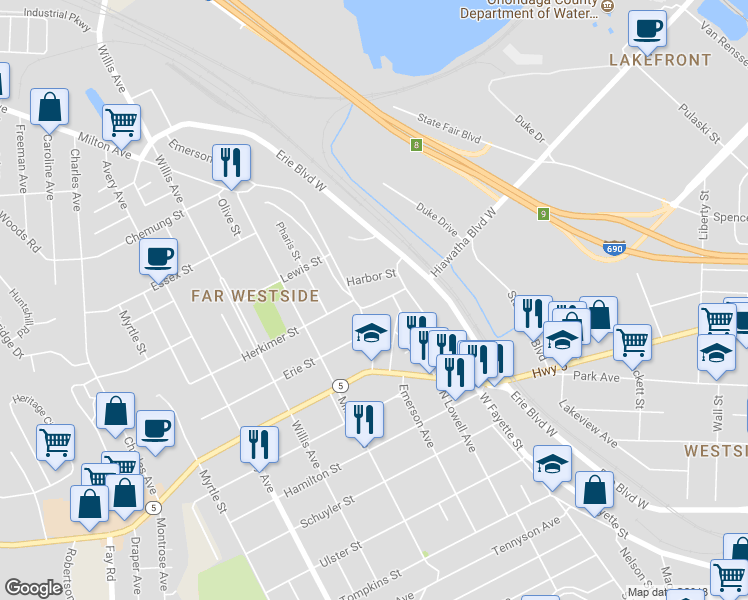 map of restaurants, bars, coffee shops, grocery stores, and more near 120 Williams Street in Syracuse