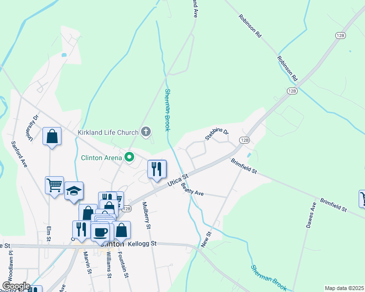 map of restaurants, bars, coffee shops, grocery stores, and more near 27 Stebbins Drive in Clinton