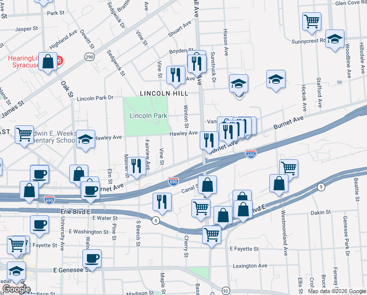map of restaurants, bars, coffee shops, grocery stores, and more near 321 Winton Street in Syracuse