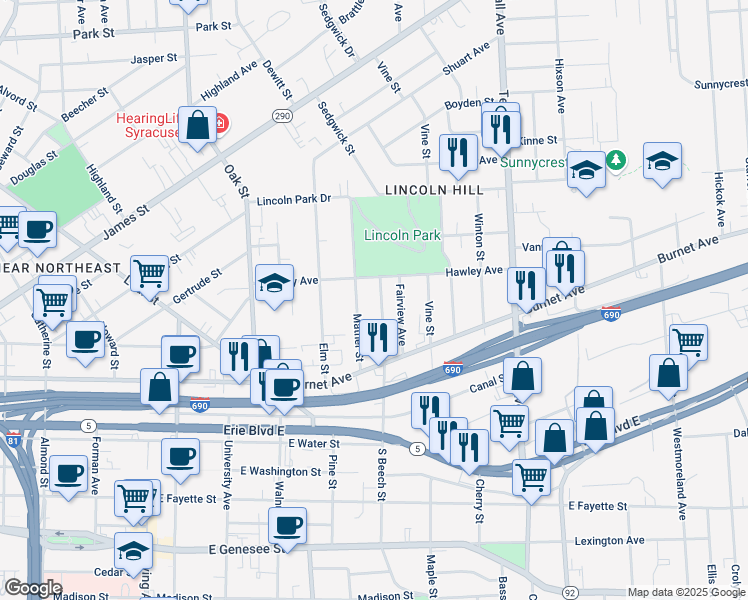 map of restaurants, bars, coffee shops, grocery stores, and more near 335 North Beech Street in Syracuse
