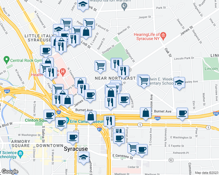 map of restaurants, bars, coffee shops, grocery stores, and more near 650 James Street in Syracuse