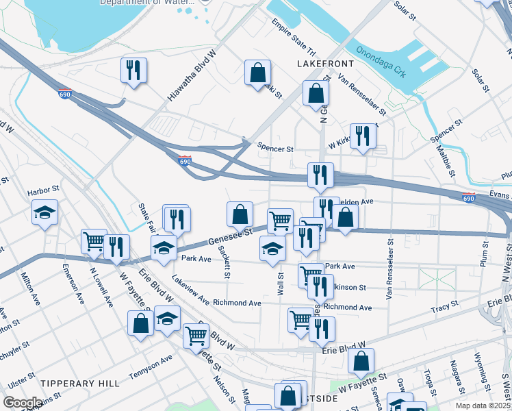 map of restaurants, bars, coffee shops, grocery stores, and more near 1225-29 West Belden Avenue in Syracuse