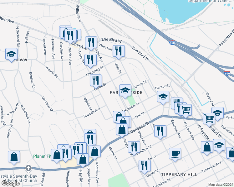 map of restaurants, bars, coffee shops, grocery stores, and more near 827 Willis Avenue in Syracuse