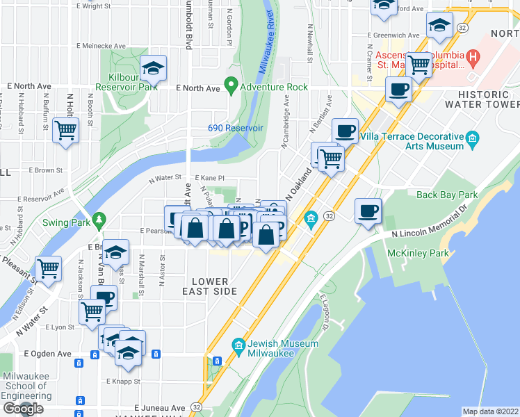 map of restaurants, bars, coffee shops, grocery stores, and more near 1805 North Warren Avenue in Milwaukee