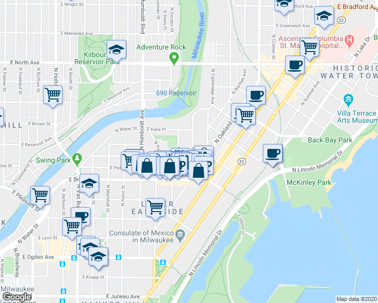 map of restaurants, bars, coffee shops, grocery stores, and more near 1805 North Warren Avenue in Milwaukee