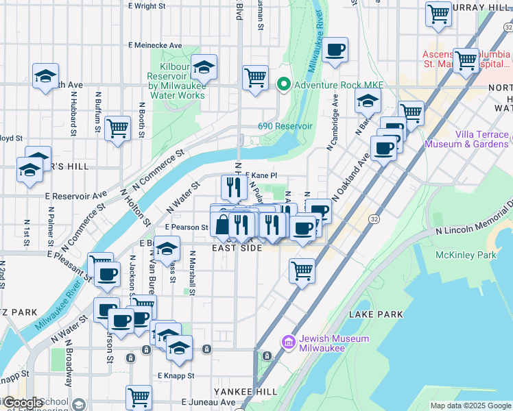 map of restaurants, bars, coffee shops, grocery stores, and more near 1134 East Hamilton Street in Milwaukee